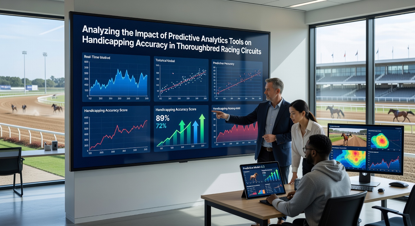 Thoroughbred racehorses competing on a track with data overlays representing predictive analytics models