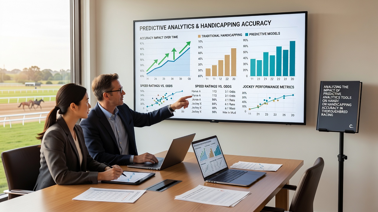 Analyst reviewing thoroughbred racing data on multiple screens showing predictive model outputs and historical performance charts