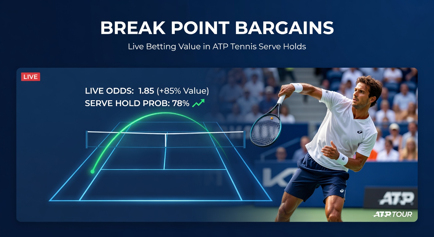 Close-up of a tense ATP break point save, racket mid-serve with ball blurred in motion against a stadium backdrop