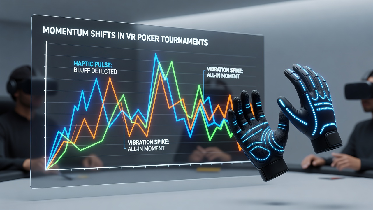 Virtual reality poker tournament setup with haptic feedback gloves and immersive table interface