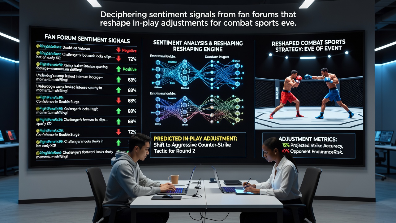 Data visualization charts showing sentiment analysis graphs overlaid on combat sports fight timelines with highlighted odds adjustment points