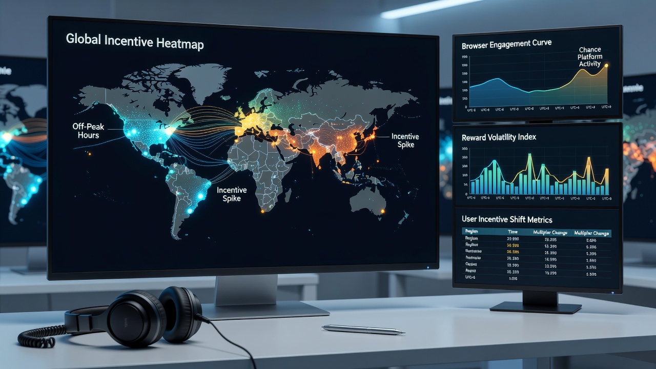 Analytics dashboard displaying incentive shift metrics and user engagement curves on browser-based platforms during off-peak periods