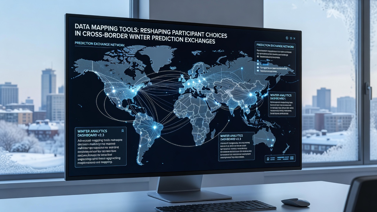 Network diagram showing cross-border data flows between winter sports venues, regulatory databases, and prediction exchange servers