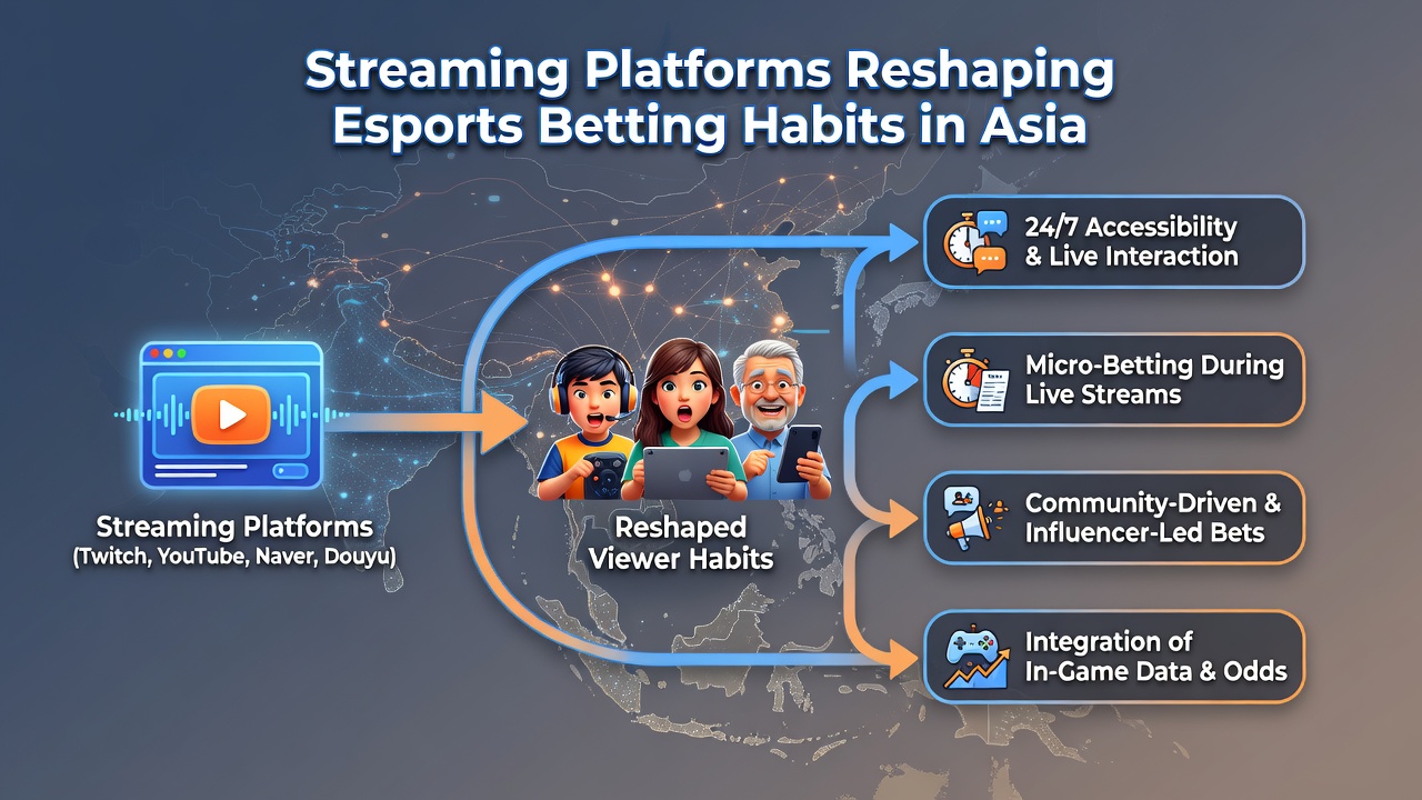 Asian esports fans watching a live tournament on mobile devices with betting apps visible alongside the stream