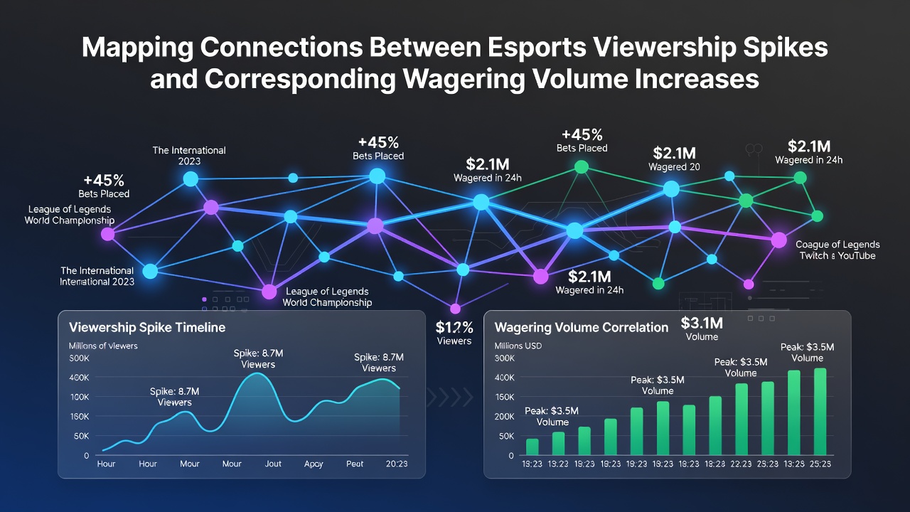 Data visualization dashboard displaying esports viewership graphs alongside wagering volume charts for niche betting markets