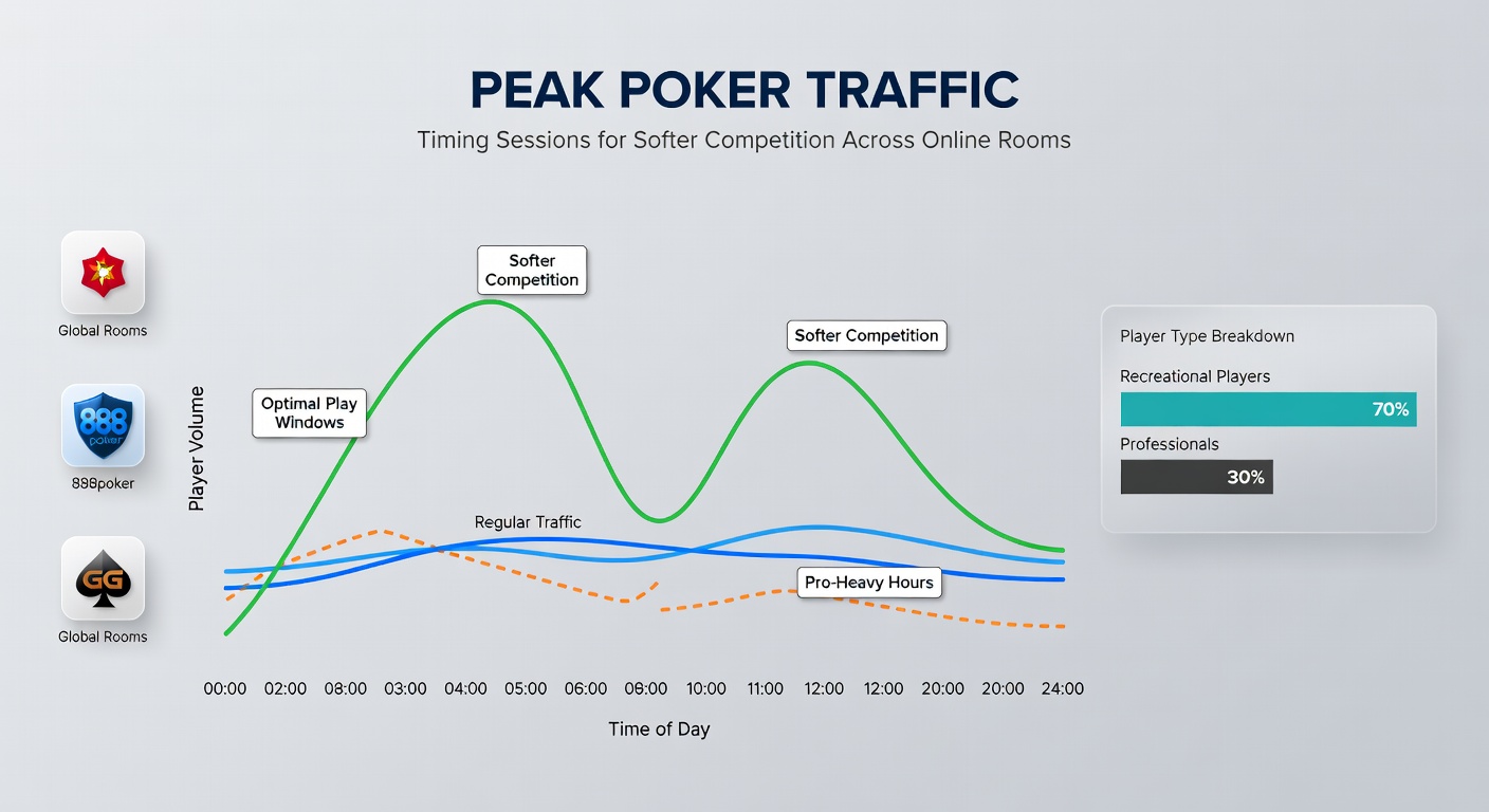 World map overlay with colored zones indicating peak poker traffic hours by region, from Europe reds to Asia blues
