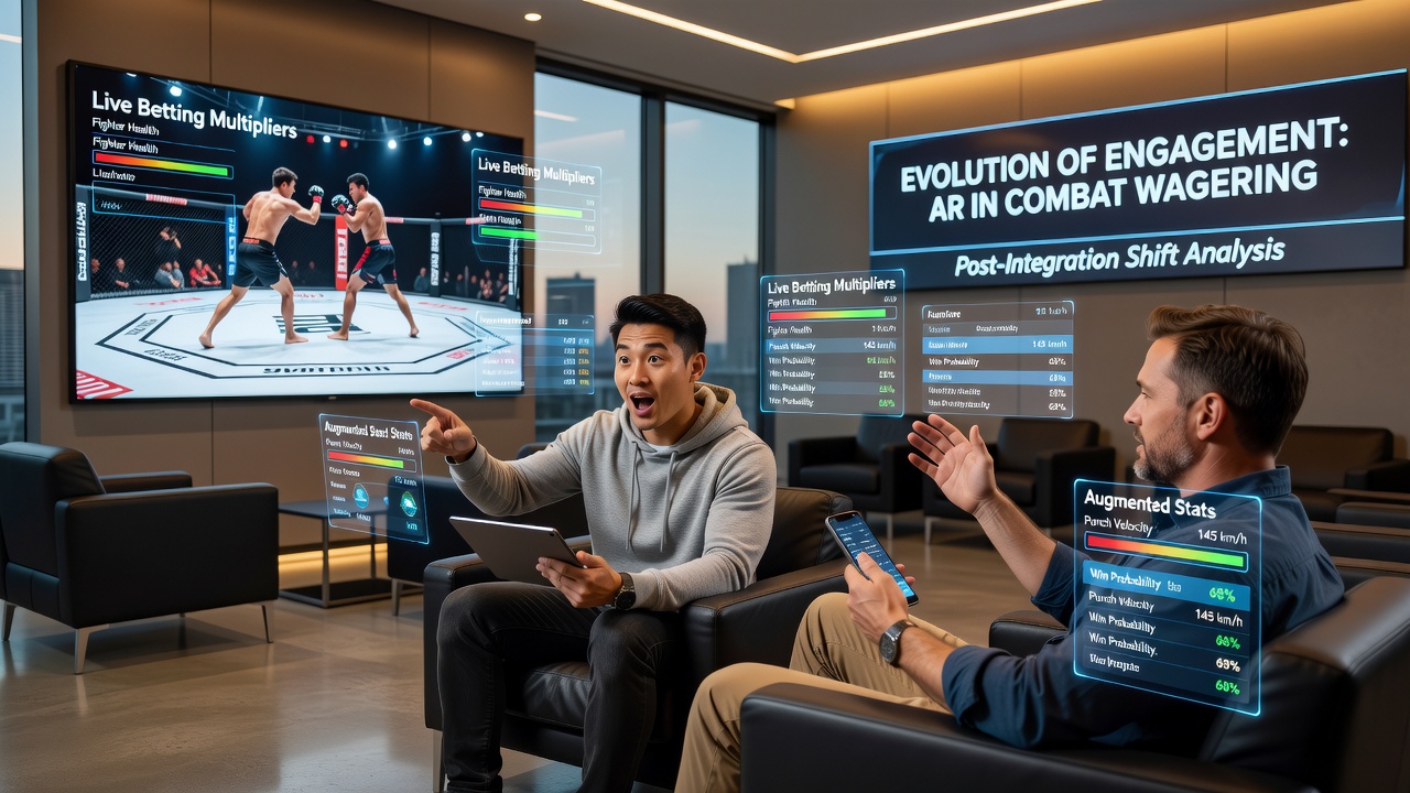 Augmented reality overlays displaying fighter statistics during a live combat sports event on a mobile wagering interface