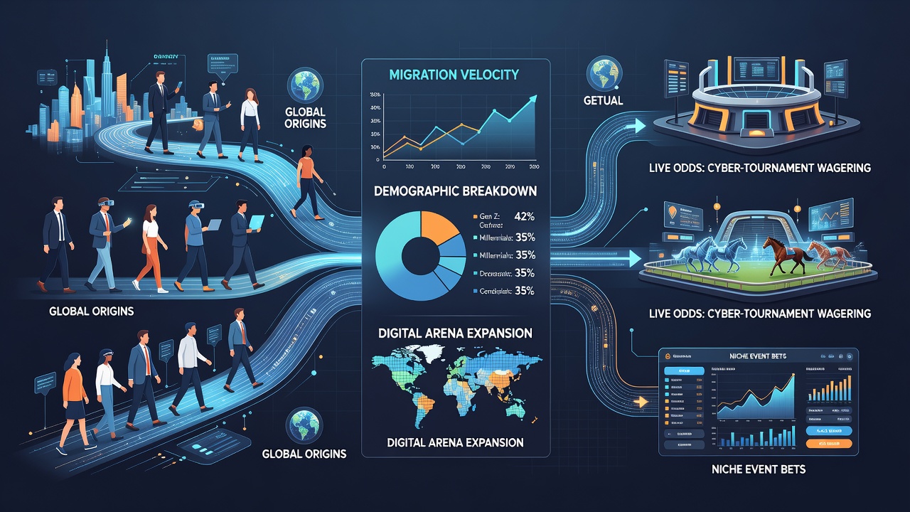 Abstract visualization of data flows connecting diverse demographic icons to virtual event platforms in a digital network environment