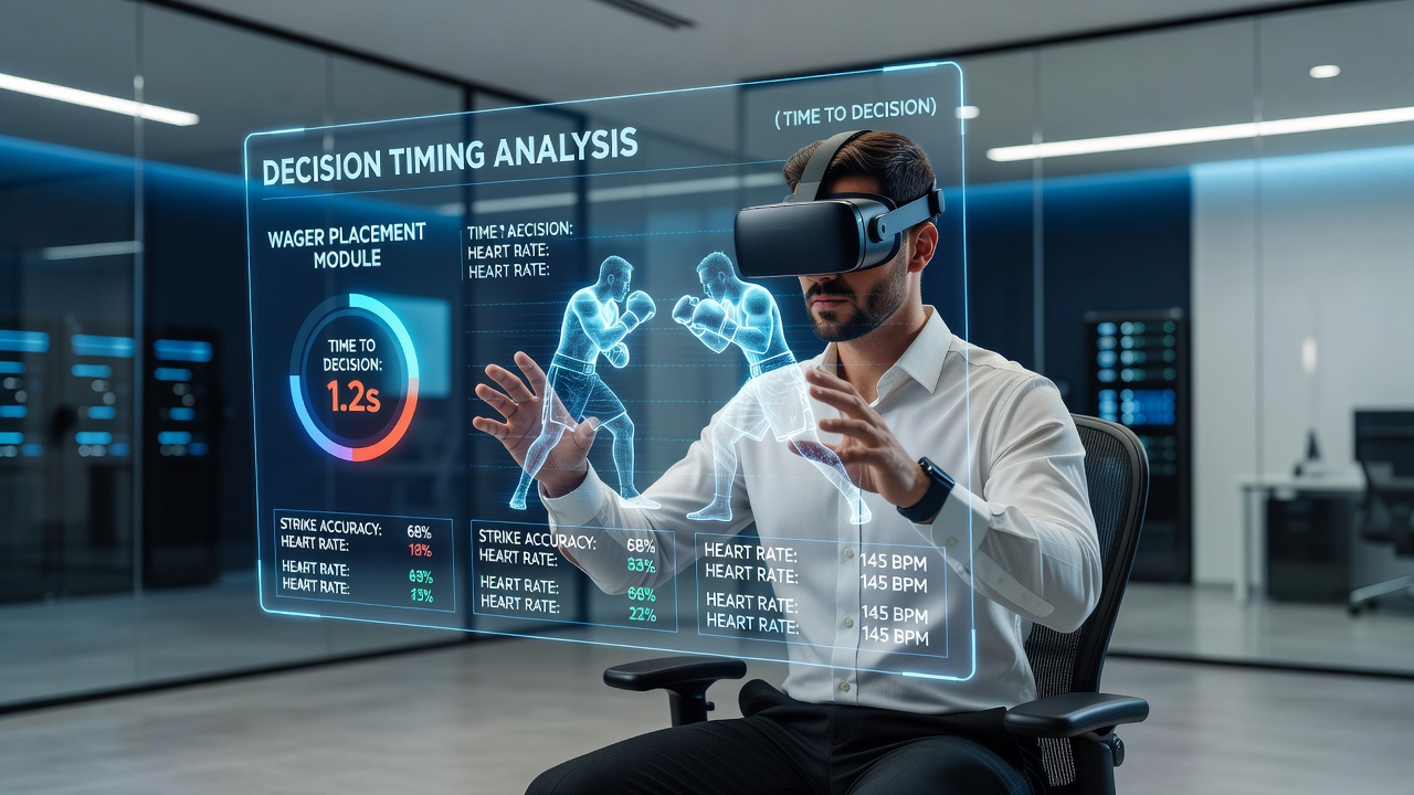Split view of MMA octagon through VR lenses with overlaid betting statistics and timer